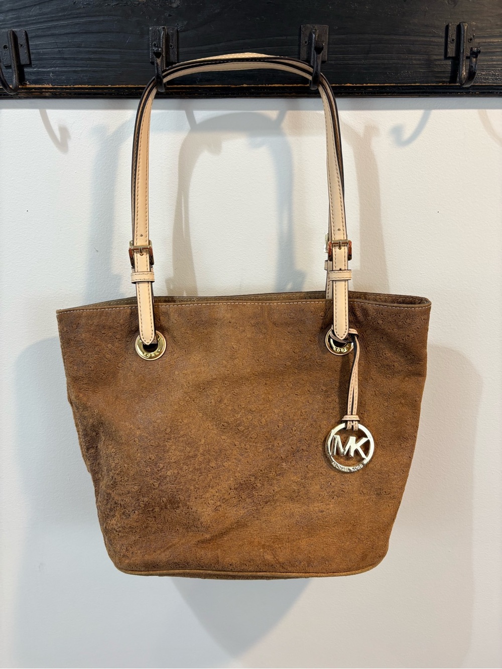 Michael Kors Brown Ostrich Leather Shoulder Tote Handbag